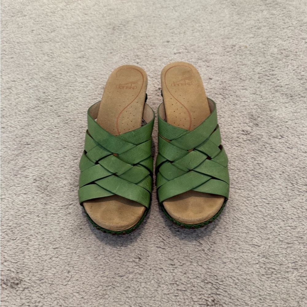 Green Woven Wedge Slide Sandals